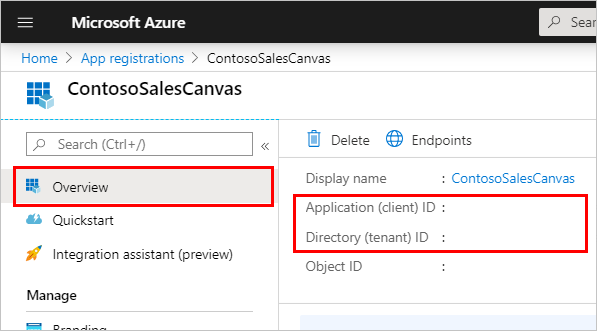 Screenshot af siden Oversigt over appregistrering på Azure portal med Oversigt, Program-id og Mappe-id fremhævet.