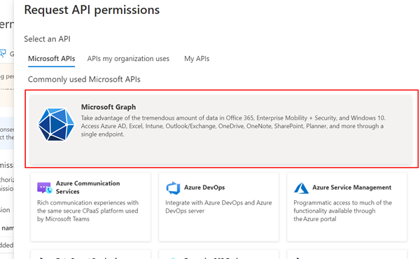 Skærmbilledet af vinduet Anmodnings-API-tilladelser med Microsoft Graph fremhævet.