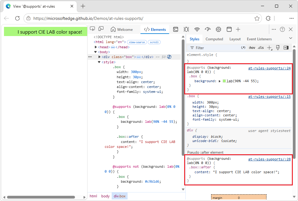 Result of HTML for the at-supports at-rule