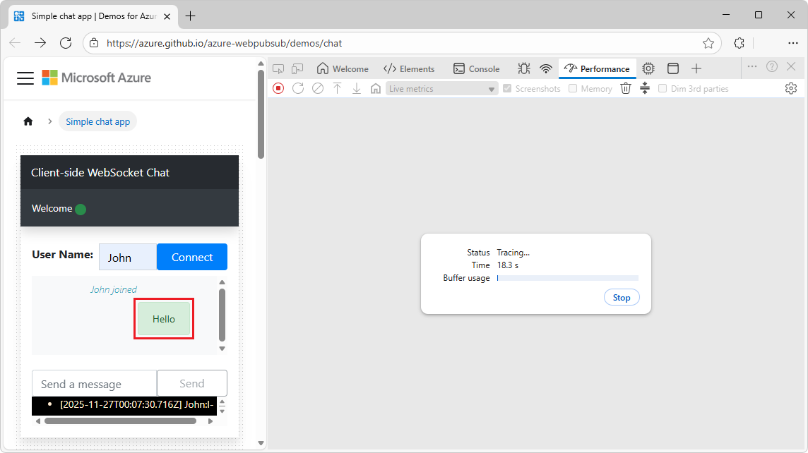 WebSocket messages in the Performance tool