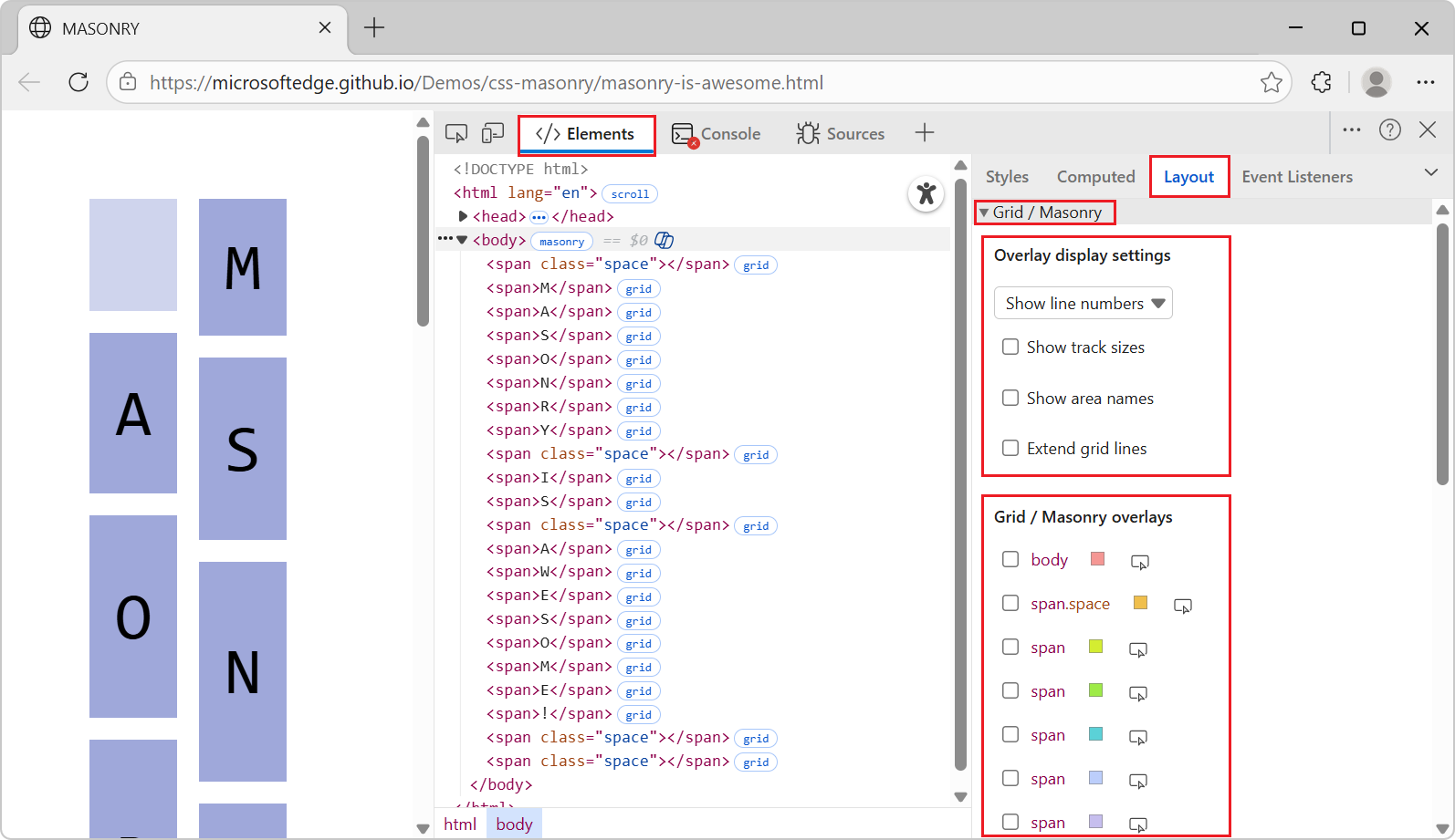 The Grid/Masonry section in the Layout tab