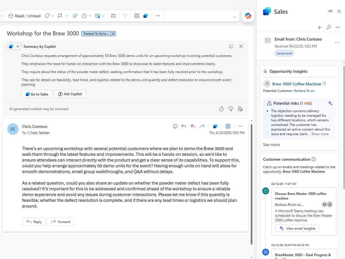 Skærmbilledet af ruden Salg i Outlook på internettet.