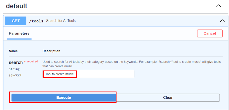Screenshots shows the parameters, its values, and the **EXECUTE** option in the swagger editor.