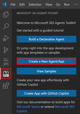 Screenshot shows the option to create a new app from the Agents Toolkit sidebar.