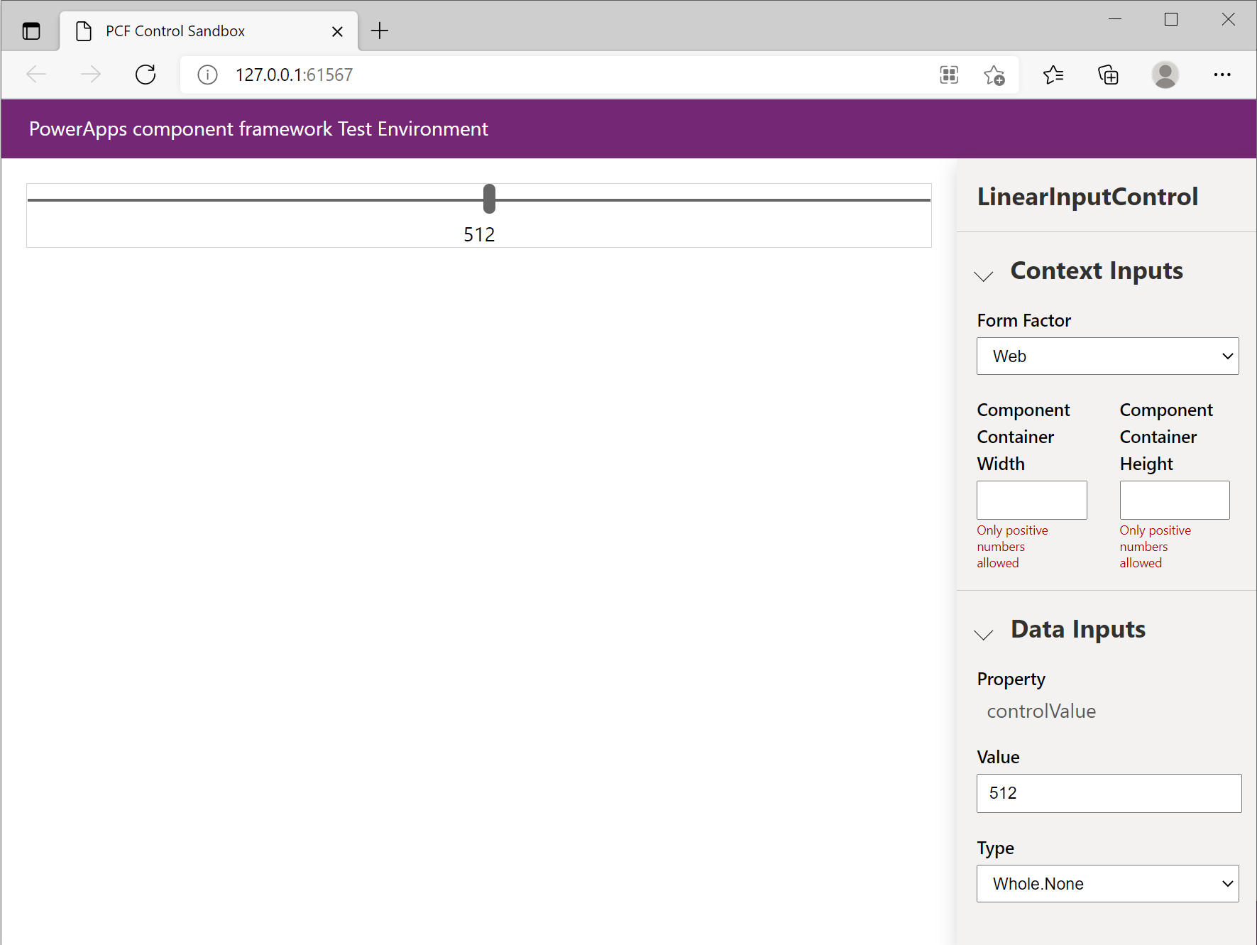 Screenshot of test harness Data Inputs fields for code component properties.