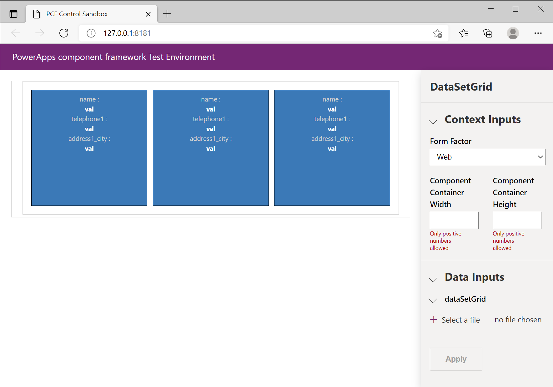 Screenshot of the browser test harness with the code component and input panels.