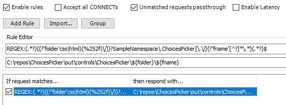 Screenshot of a Fiddler AutoResponder rule for local code component resources.