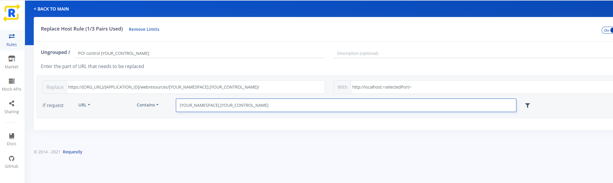 Screenshot of a Requestly Replace Host rule for local code component files.