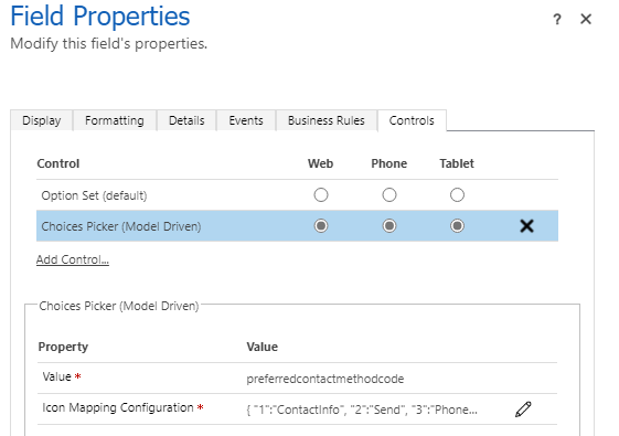 Screenshot of ChoicesPicker control properties with the icon mapping configuration.
