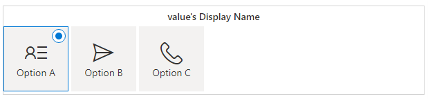 Screenshot of the ChoicesPicker test harness showing choice icons and the Data Inputs panel.