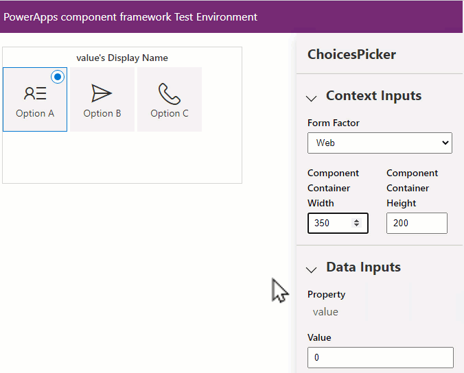 Screenshot of the ChoicesPicker test harness responding to container width and form factor changes.