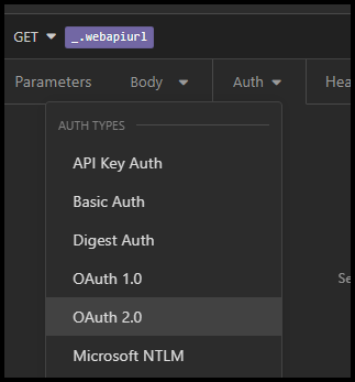 Screenshot of the Auth tab dropdown with OAuth 2.0 selected as the auth type.