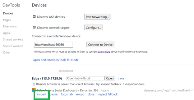 Screenshot of Microsoft Edge DevTools inspect page showing remote Windows device connection options.