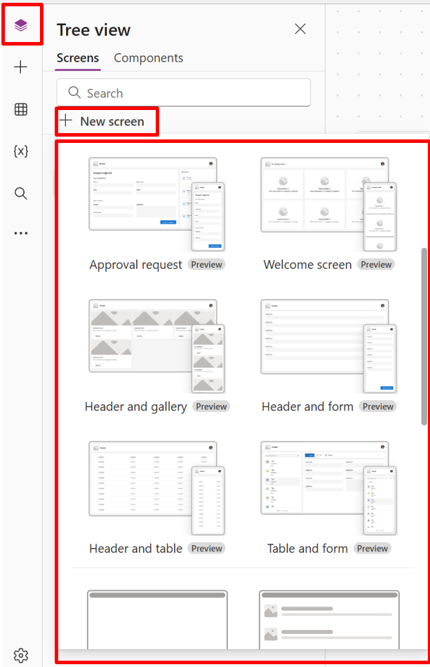 Screenshot af menuen New screen i Power Apps Studio, der viser tilgængelige layouts.
