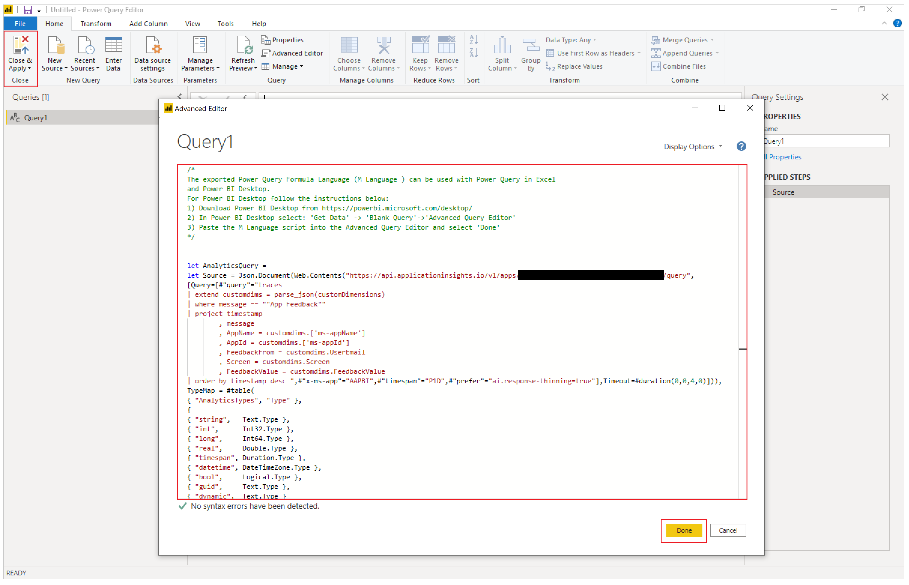 Skærmbillede af Avanceret editor i Power BI med en forespørgsel indsat i vinduet.
