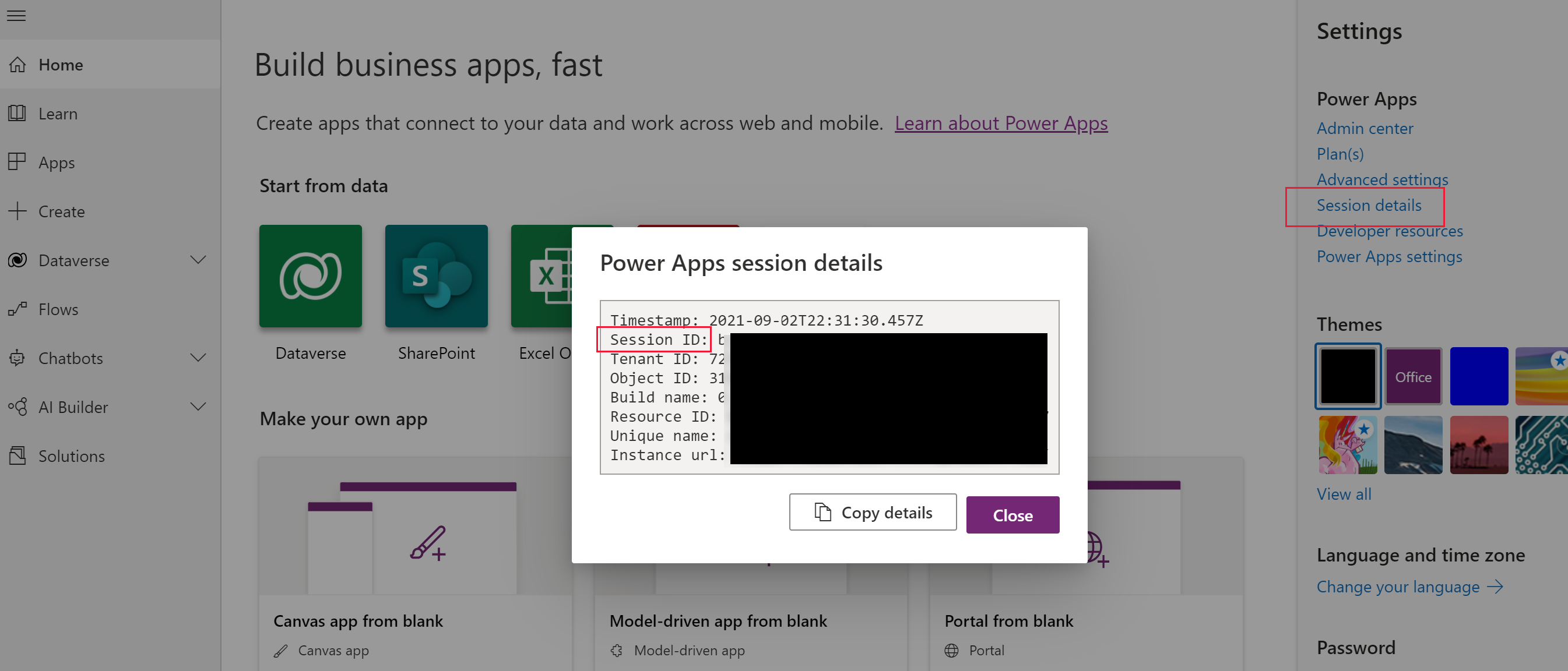 Sessionsoplysninger fra Power Apps-websted