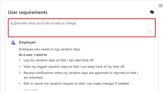 Skærmbillede af Copilot, der giver feedback om brugerbehov i planer.