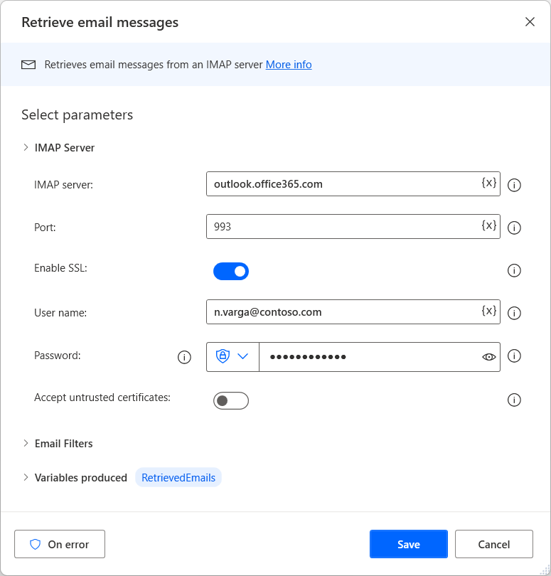 Skærmbillede af indstillingerne for IMAP-serveren i handlingen Hent mails.