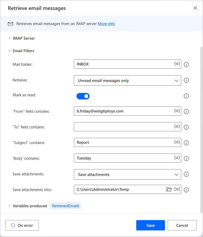 Skærmbillede af handlingen Hent mails.