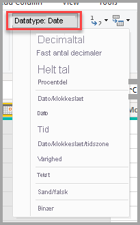 Skærmbillede af Power Query-editoren, der viser valget af datatype dropdown.