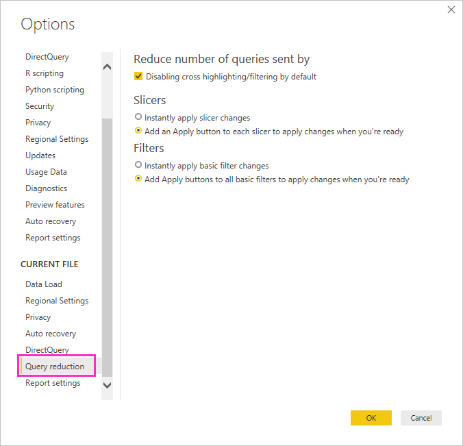 Skærmbillede af Power BI Desktop forespørgselsreduktionsmuligheder, der viser indstillinger for at forsinke slicer og filterforespørgsler.