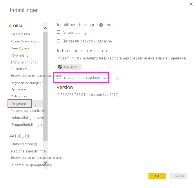 Skærmbillede af Diagnostikindstillinger-dialogen i Power BI Skrivebord med et link til at åbne traces-mappen.