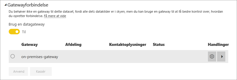 Skærmbillede af gatewayforbindelsessektionen, der viser tilgængelige personlige og lokale datagateways.