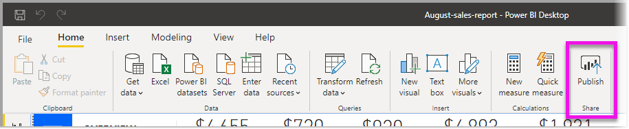 Skærmbillede af Power BI Home-båndet, der fremhæver Publicer.
