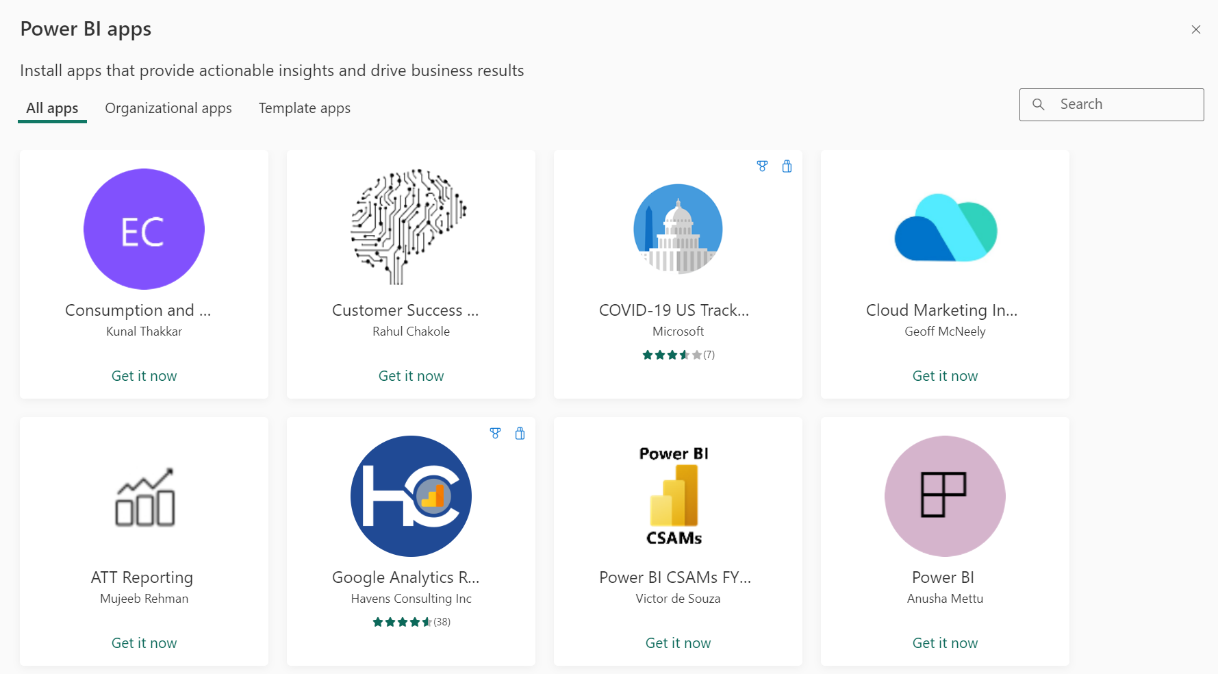 Skærmbillede af apps-markedspladsen i Power BI.