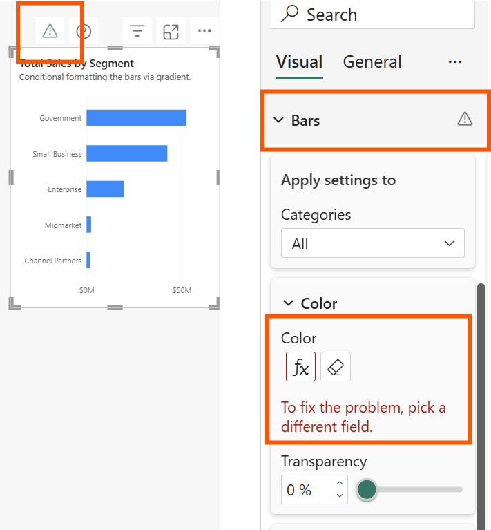 Skærmbillede, der viser en visuel version med betingede formateringsfejl. Advarselsikoner vises i den visuelle header og Format-panelet, og en fejlmeddelelse instruerer brugeren i at vælge et andet felt.