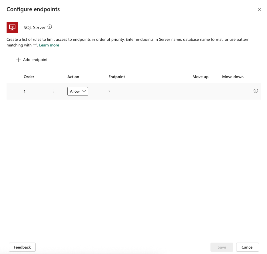 Angiv en ordnet liste over URL-mønstre for Tillad og Afvis for brugerdefinerede connectorer.