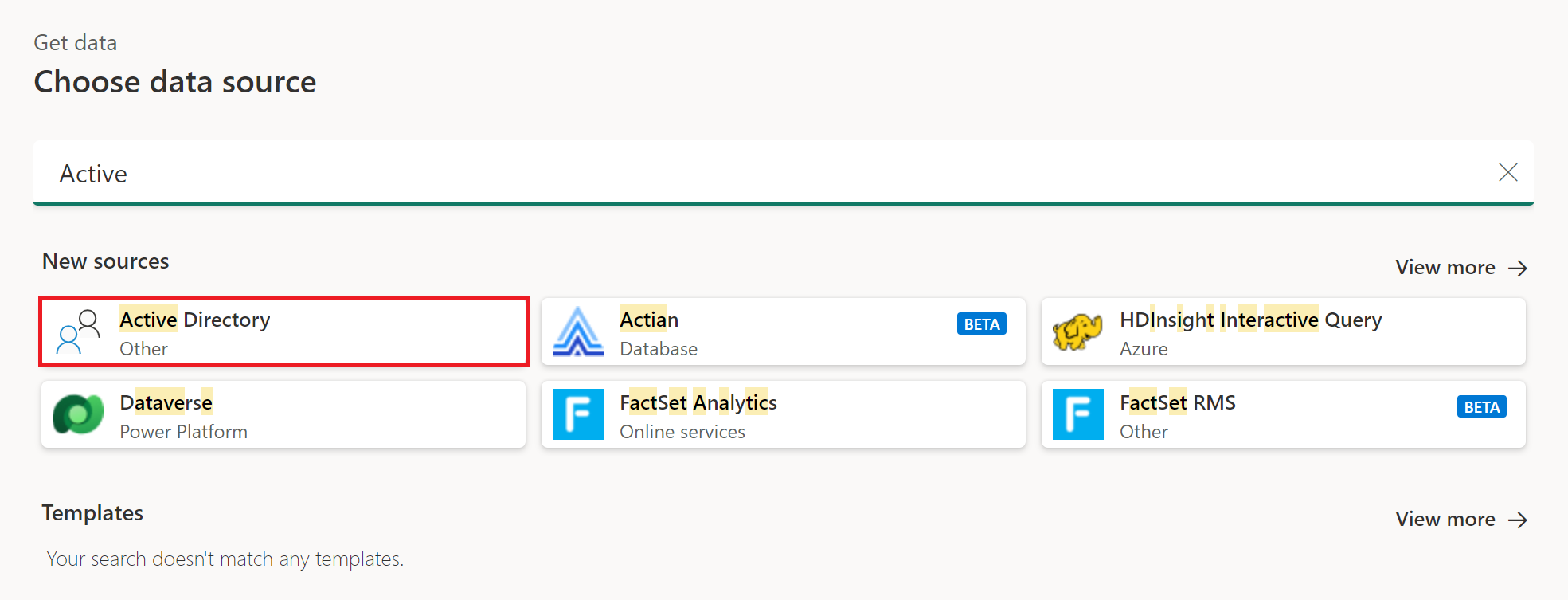 Skærmbillede af vinduet Vælg datakilde med Active Directory selected.