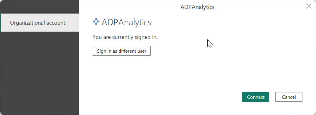 Skærmbillede af godkendelsesdialogboksen, hvor du opretter forbindelse til ADP Analytics.