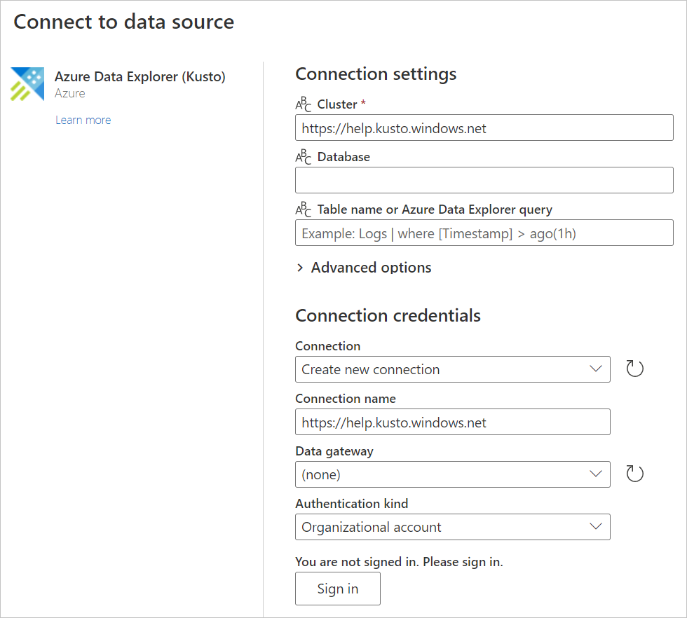 Skærmbillede af siden Vælg datakilde for Azure Data Explorer (Kusto) med URL-adressen til klyngen angivet.