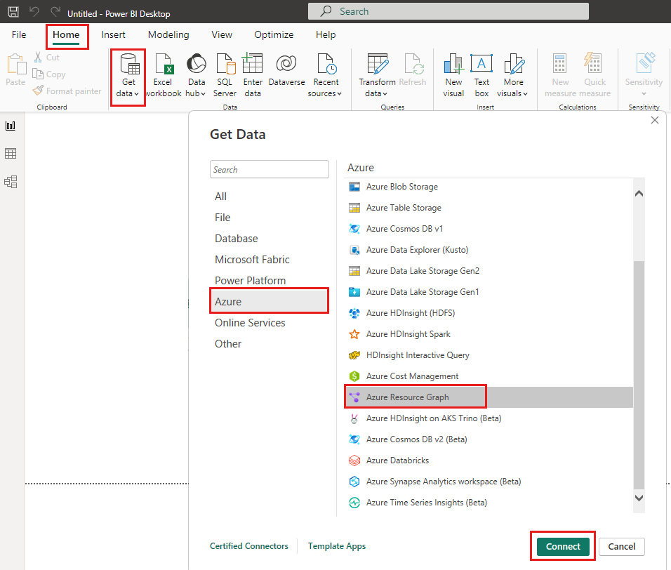 Skærmbillede af Get Data-dialogen med Azure Resource Graph-connectoren fremhævet.