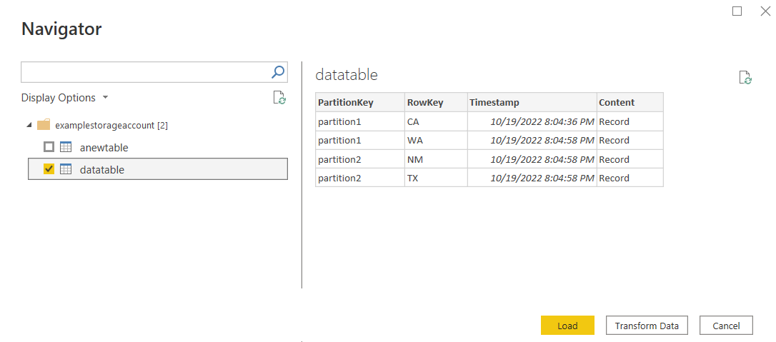 Skærmbillede af Azure Table Storage-navigatoren, der viser en af de to valgte tabeller.