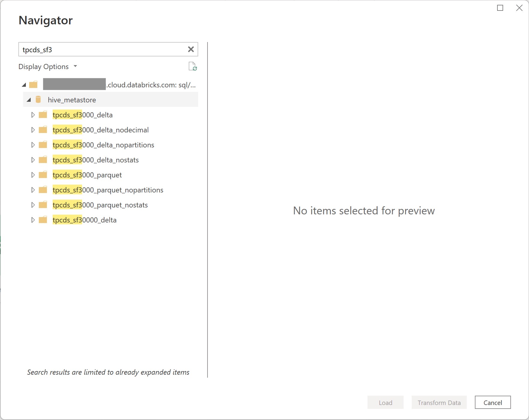 Billede af Power Query navigator, der indlæser Databricks Cloud-data til desktop-appen.