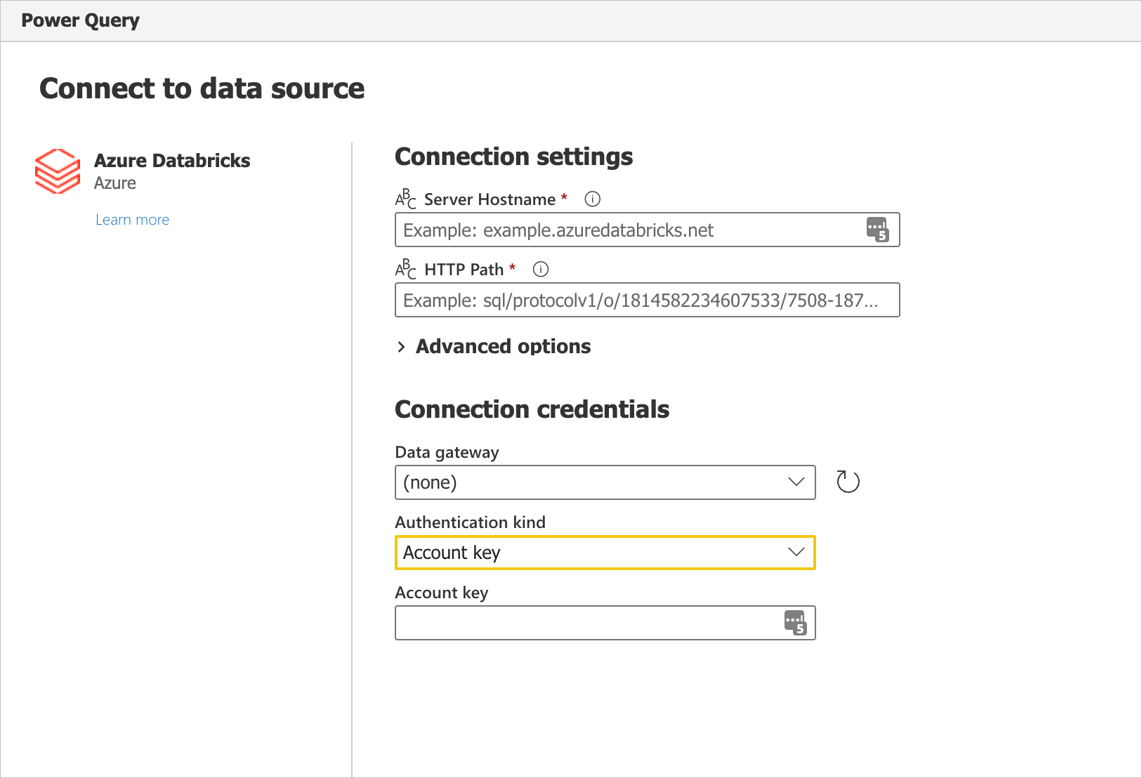 Skærmbillede af forbindelsesindstillingerne og legitimationsoplysningerne for Azure Databricks.