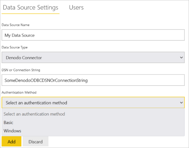 Skærmbillede af dialogen Data Source Settings, hvor du tilføjer Denodo datakilden.