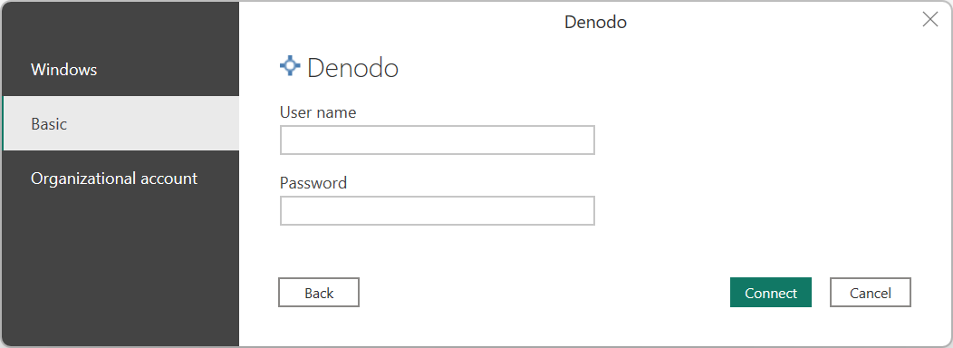 Skærmbillede af Denodo grundlæggende autentificering i Power BI Desktop.
