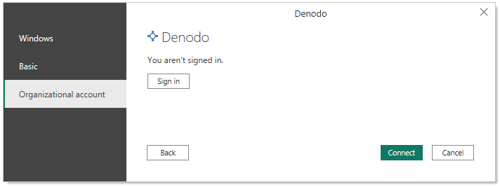 Skærmbillede af Denodo organisationskontoautentificering i Power BI Desktop.