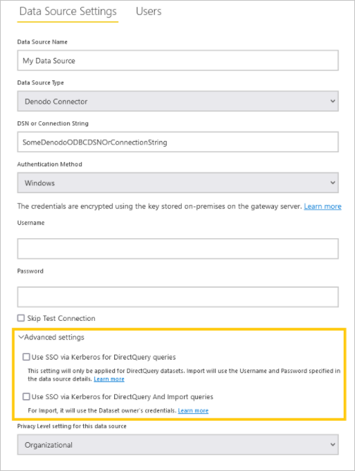 Skærmbillede af dialogen Data Source Settings, hvor du sætter Denodo SSO med Kerberos.