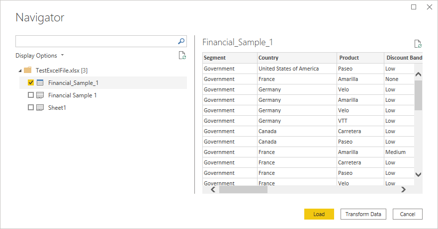 Skærmbillede af Power Query Desktop Navigator med Excel-projektmappen importeret.