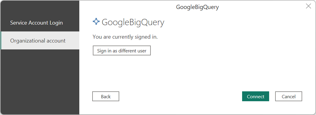 Skærmbillede af godkendelsesdialogboksen, hvor du opretter forbindelse til Google BigQuery-data.