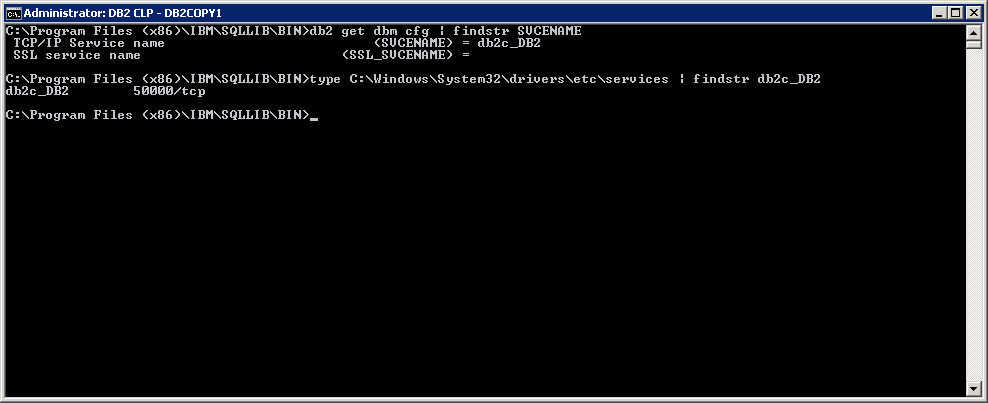 Skærmbillede, der viser outputtet af db2-kommandoen i Windows.