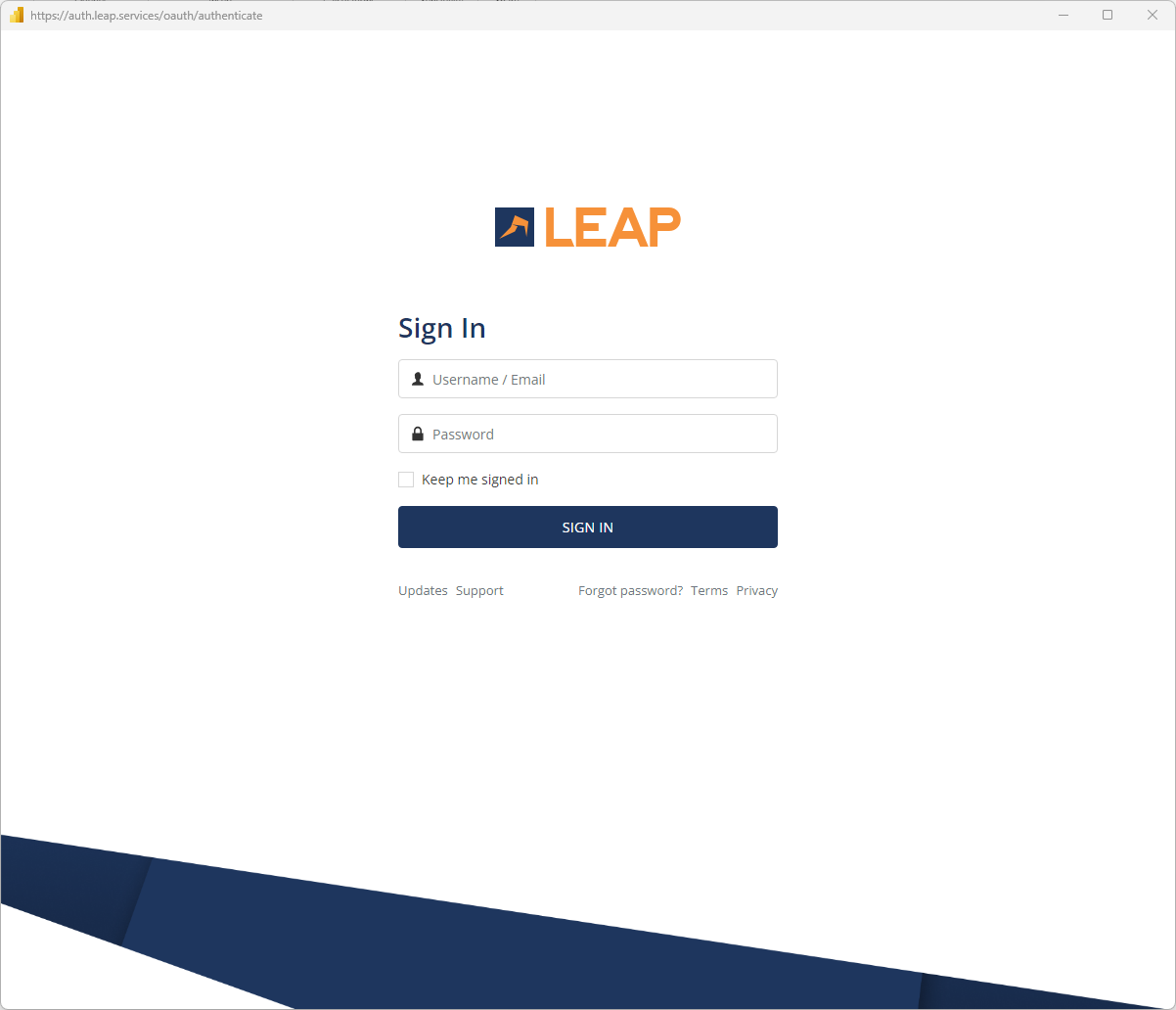 Skærmbillede af loginskærmen for LEAP.