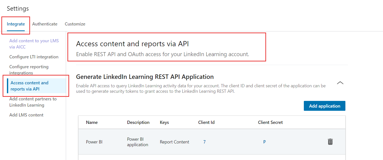 Skærmbillede med klient-ID og klienthemmelig placering inden for LinkedIn Learning integr settings.