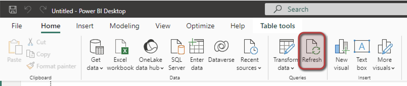 Skærmbillede af, hvor On-demand opdateringsknappen er placeret inden for Power BI.