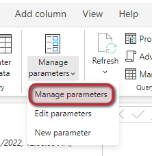 Skærmbillede af hvor funktionen for at administrere parametre er inden for Power BI.