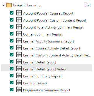 Skærmbillede af LinkedIn Learning datatabeller, der kan indlæses i Power BI.